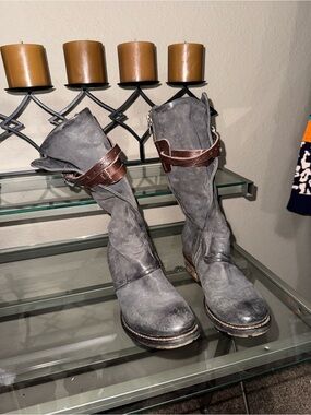 😍Great Used Condition A.S.98 38/8 Gray Leather Mid-Calf Boots with Brown Strap